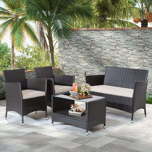4pcs Patio Furniture Set, Rattan Design With Metal Frame, Cushioned Armrest Chairs, Sofa With Coffee Table & Shelf, Outdoor Garden Conversation Set
