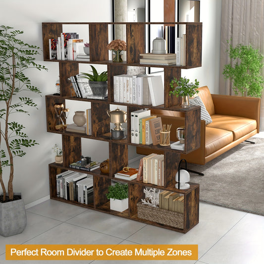 5-Tier Geometric S-Shaped Bookcase, Rustic Wooden Room Divider Storage Display Shelf, 62.5" Tall Freestanding Shelving Unit for Home & Office Decor