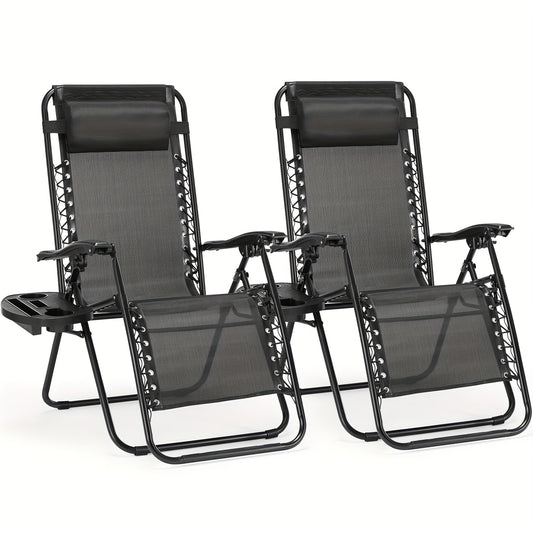 Gravity Lounge Chairs Set Of 2, Portable Folding Recliner Beach Camping Patio Outdoor Chair With Cup Holder Trays And Adjustable Pillow For Pool, Backyard, Lawn